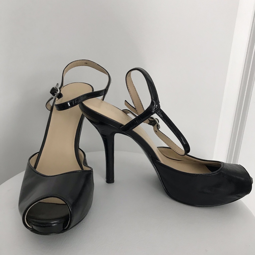 Black leather peep-toe formal heels